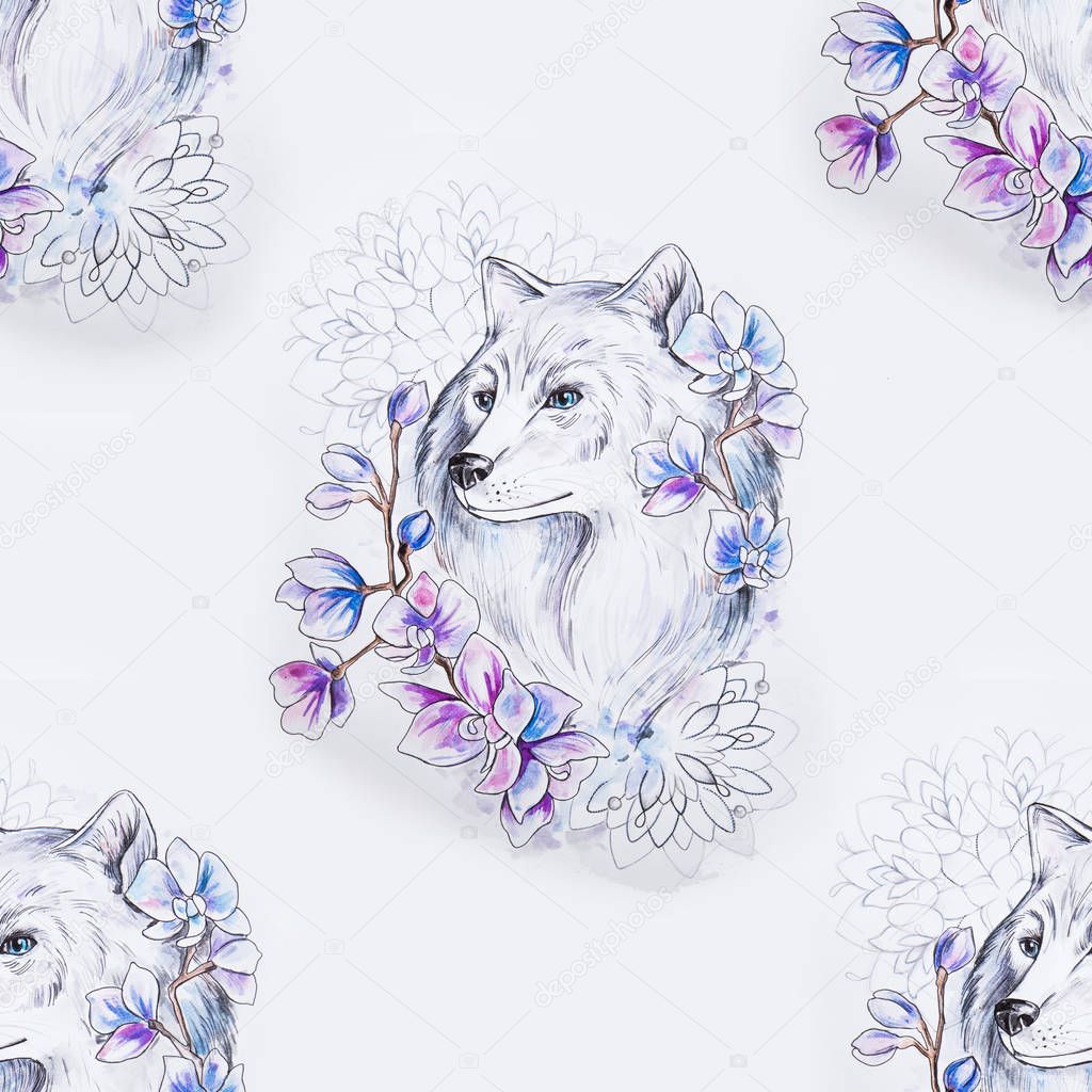 Seamless pattern of a beautiful wolf in flowers on a white background.