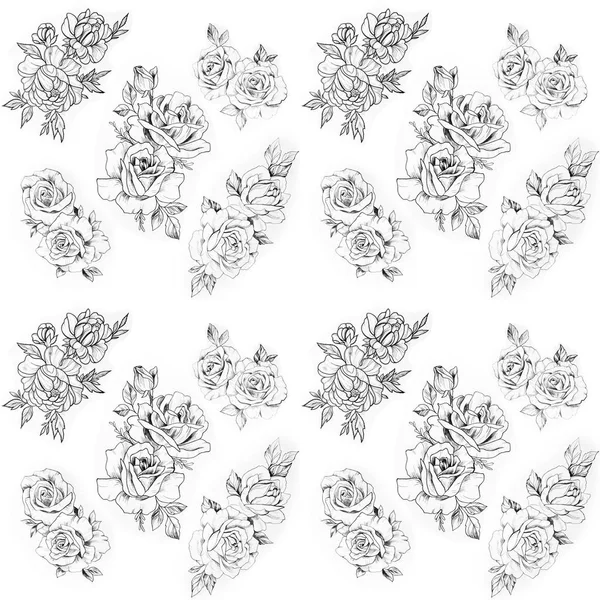 Seamless black and white rose pattern on a white background. — Stock Photo, Image