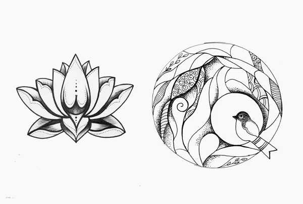 A sketch of a beautiful tit in a circle and a lotus on a white background. — Stock Photo, Image