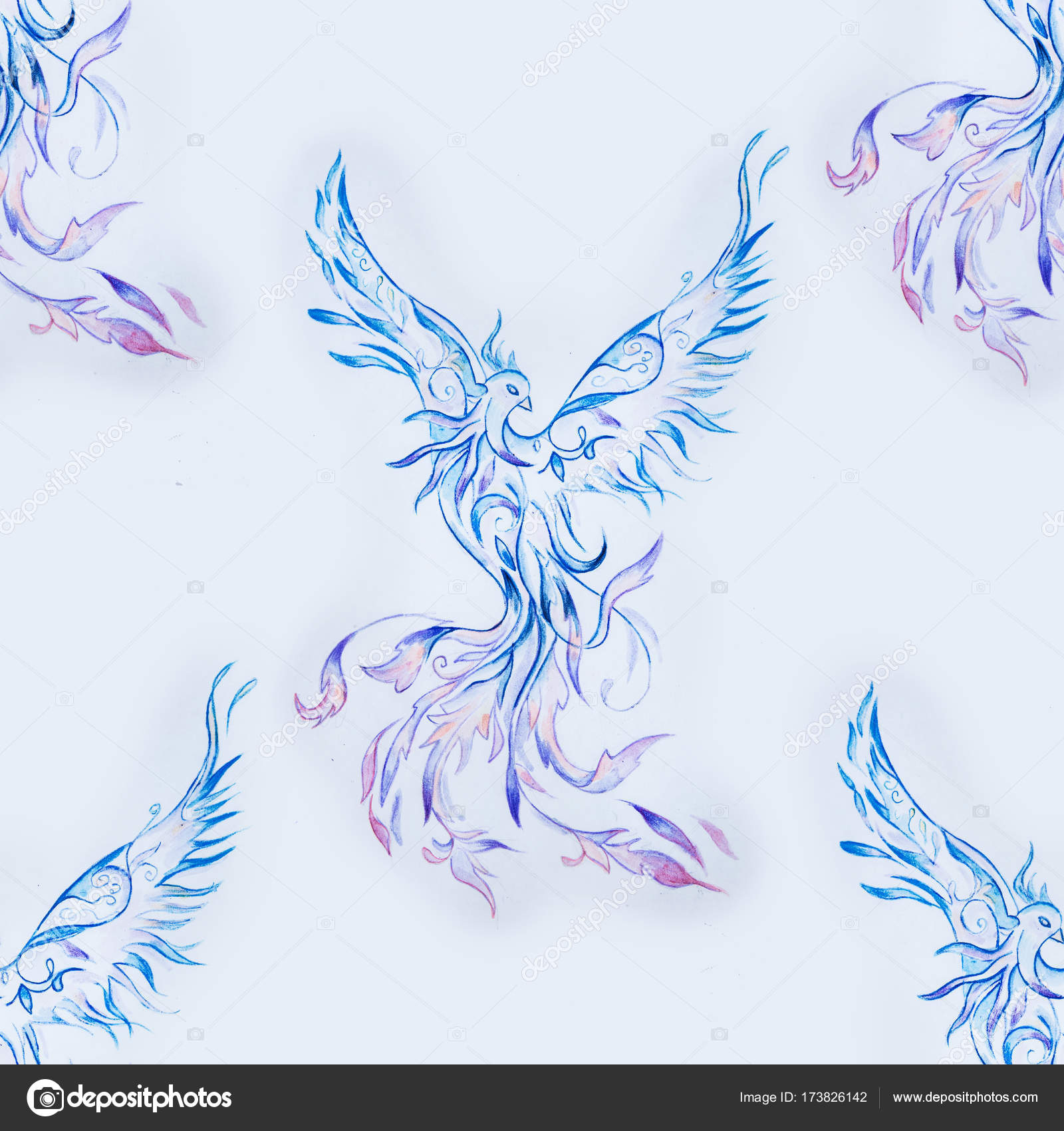 Seamless pattern of a beautiful blue phoenix on a white background