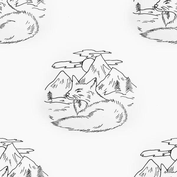 Бесшовный рисунок лиса покоится в горной долине на белом фоне . — стоковое фото