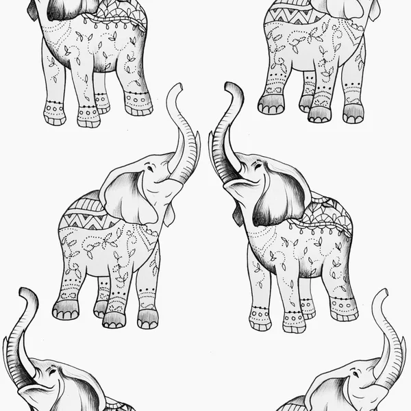 Nahtlose Zeichnung eines Elefanten mit schönen Ornamenten auf weißem Hintergrund. — Stockfoto