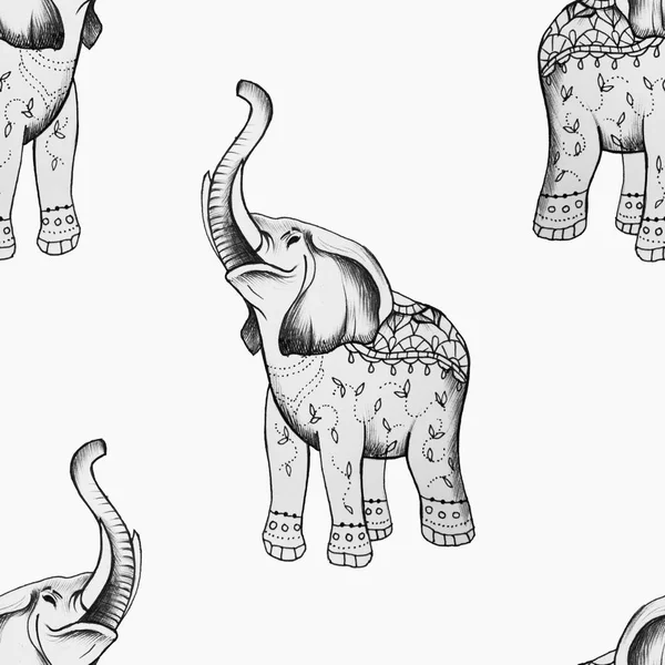 Nahtlose Zeichnung eines Elefanten mit schönen Ornamenten auf weißem Hintergrund. — Stockfoto