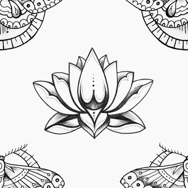 Seamless pattern of beautiful lotus and butterfly on a white background. — Stock Photo, Image