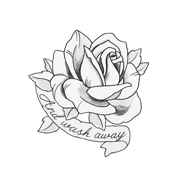 A sketch of a beautiful rose with inscriptions on a white background.