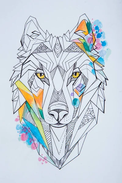 Bosquejo de lobo sobre fondo blanco. Dibujo geométrico de una cabeza de lobo . — Foto de Stock