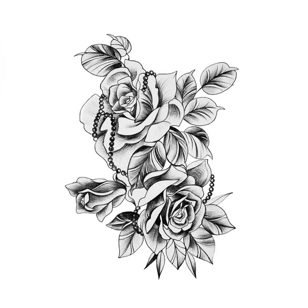 Sketch of a beautiful rose with ornaments on a white background.