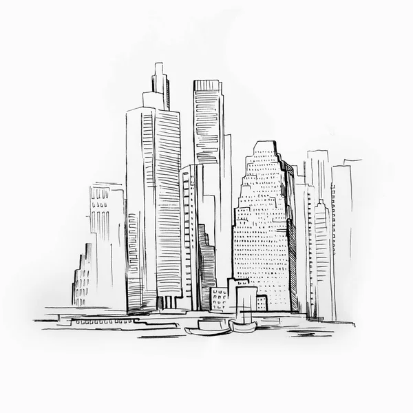 Skiss av skyskrapa på vit bakgrund. Bild på Manhattan — Stockfoto