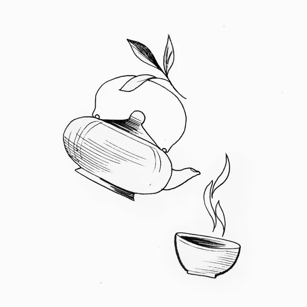 Эскиз чая на белом фоне. Картина чайника и чашки . — стоковое фото