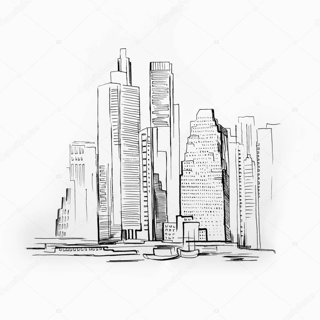 Sketch of skyscraper on white background. Picture of Manhattan