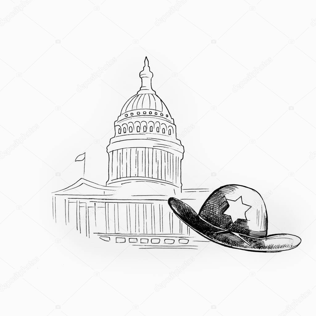 Sketch of a white house and a sheriffs hat on a white background.