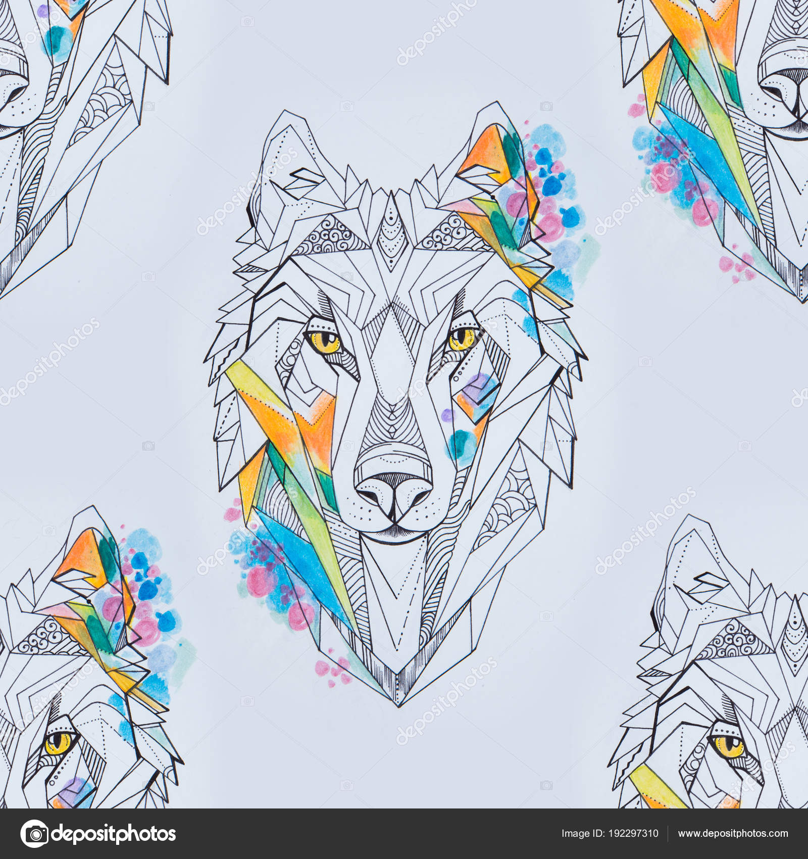 Bezszwowe Rysunek Głowy Wilka Na Białym Tle Zdjęcie