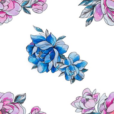 Dikişsiz desen mor ve mavi peonies beyaz bir arka plan üzerinde.