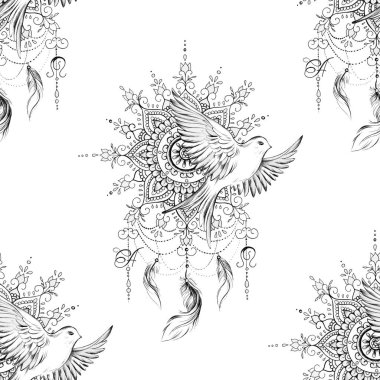 Dikişsiz desen dreamcatcher ve beyaz arka plan üzerinde kuş.