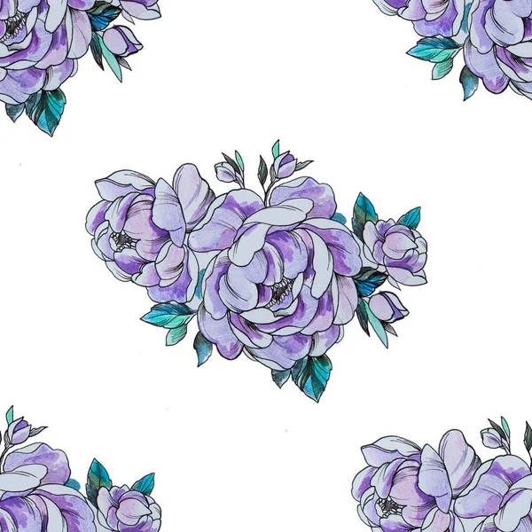 Seamless pattern purple peonies on a white background. — Stock Photo, Image