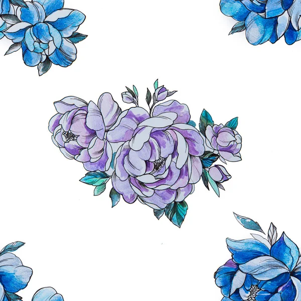 Seamless pattern purple and blue peonies on a white background. — Stock Photo, Image