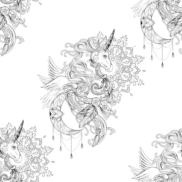 Seamless pattern pegasus piękny ornament z mandali, na białym tle. — Zdjęcie stockowe