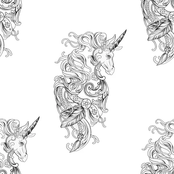 Sömlös mönster vackra pegasus i ornament på vit bakgrund. — Stockfoto