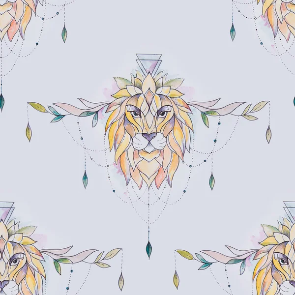 Seamless illustration of a lion head in a beautiful ornament on a white background.