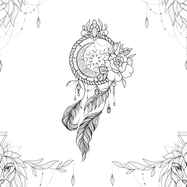 Nahtlose Muster Traumfänger mit Blumen und Löwe auf weißem Hintergrund. — Stockfoto