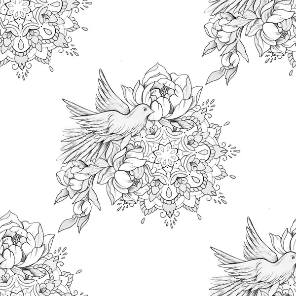 Desenho sem costura de um pássaro com uma bela mandala em um fundo branco . — Fotografia de Stock