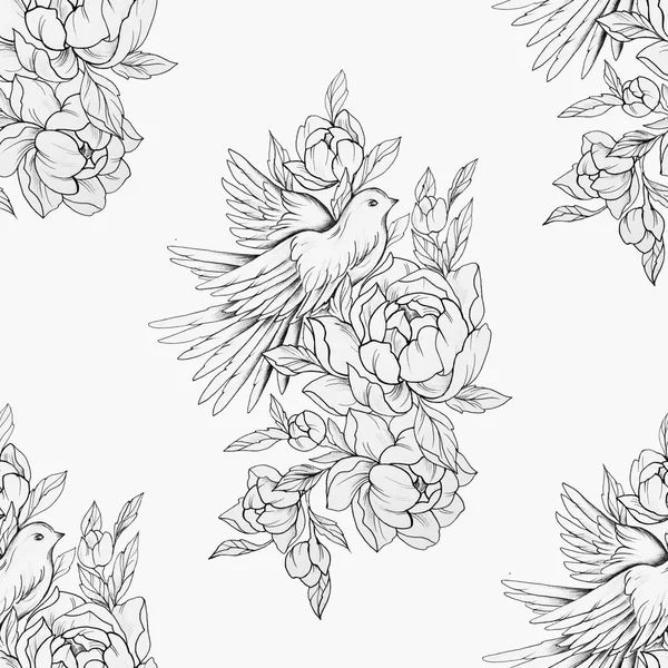 Dessin sans couture d'un oiseau dans de belles fleurs et sur un fond blanc . — Photo