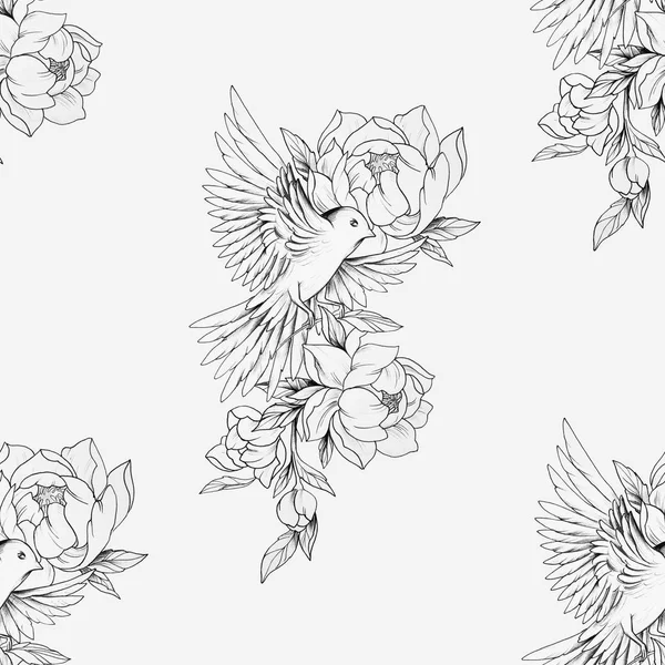 Seamless drawing of a bird in beautiful flowers and on a white background. — Stock Photo, Image