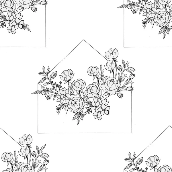 Bezszwowe ilustracja koperty z kwiaty na białym tle. — Zdjęcie stockowe