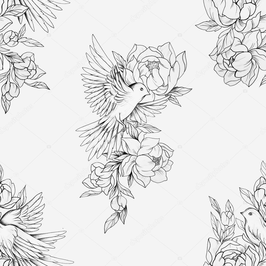 Seamless drawing of a bird in beautiful flowers and on a white background.