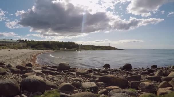 Rocky Beach Lighthouse Varberg Sweden — Stock Video