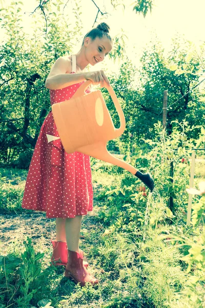 Mulher regando as plantas — Fotografia de Stock