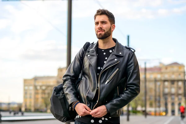 Young man next to the tramline — Stok Foto