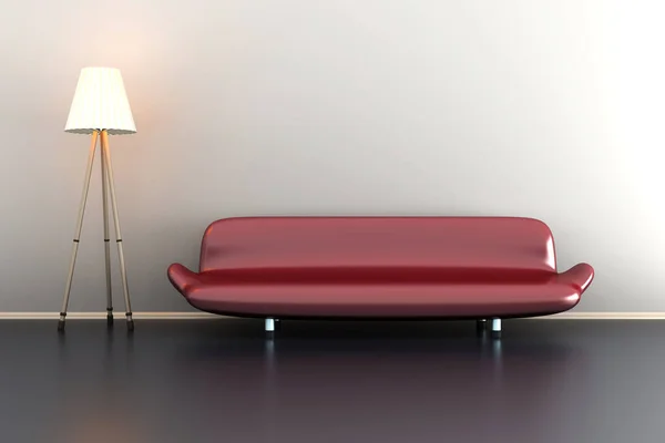 3d illustration of a lamp and a red sofa in a white room — ストック写真