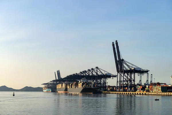 Containerterminal, gezien vanaf het water, op een heldere dag. — Stockfoto