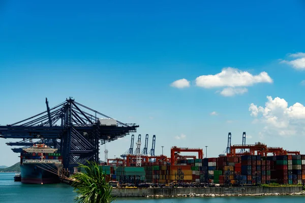 コンテナー貨物ターミナルと青空背景 — ストック写真