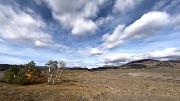 黄石公园的拉马尔山谷的时间过去了 摄影机左向右扫视 云彩逼近 — 图库视频影像