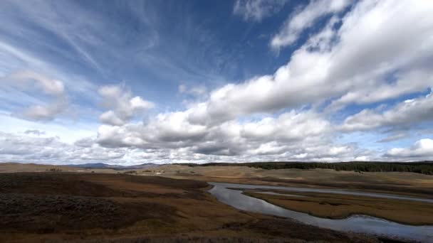 イエローストーン国立公園ヘイデン渓谷のイエローストーン川の時間経過 カメラのパンを右に左 左から右へ移動する雲 — ストック動画