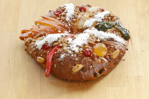 Christmas Bolo Rei or King Cake Over a Wood Table — Stock Photo, Image