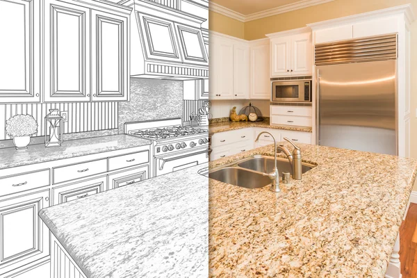 Split-Screen der Zeichnung und des Fotos der neuen Küche — Stockfoto