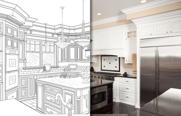 Schermo diviso di disegno e foto di nuova cucina — Foto Stock