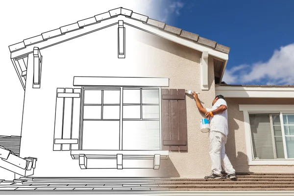 Split Screen of Drawing and Photo of House Painter Painting Home — Stock Photo, Image