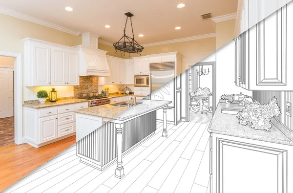 Diagonal Split Screen Of Drawing and Photo of New Kitchen — Stock Photo, Image