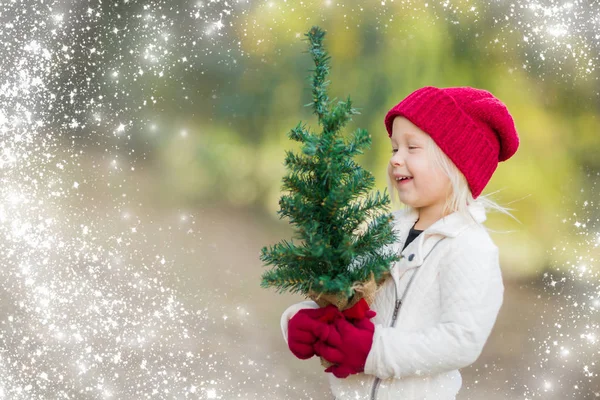 Девочка в рукавицах держит маленькую елку со снежным эффектом — стоковое фото