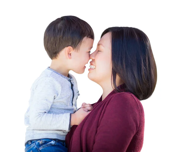 Playful Young Mixed Race Chinese Mother and Son Isolated — Stock Photo, Image