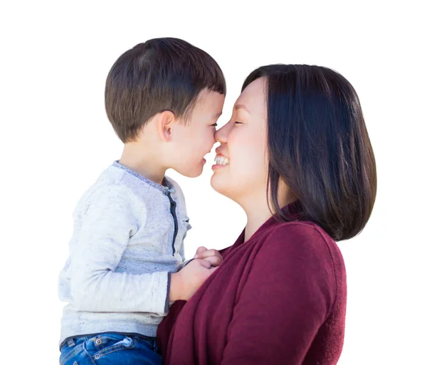 Giocoso giovane razza mista cinese madre e figlio isolato — Foto Stock