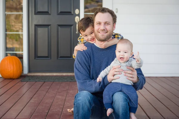 Mixed Race Father and Sons on Front Porch — Stock Photo, Image