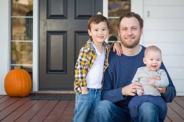 Mixed Race Father and Sons on Front Porch — Stock Photo, Image