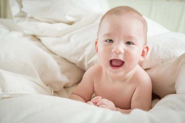 Mischlingsjunge hat Spaß auf seiner Decke — Stockfoto