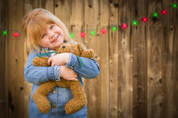 Dívka drží medvídek před zalesněné pozadí s Chrisem — Stock fotografie