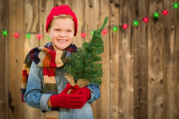 Happy Boy Wearing Santa Hat Holding Christmas Tree On A Wood Fen — Stock Photo, Image